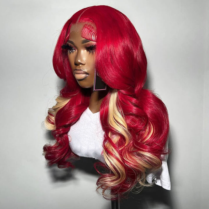 eullair Red Body Wave With Inner Blonde Human Hair 13x4 Lace Frontal Wig Transparent Lace For Black Women