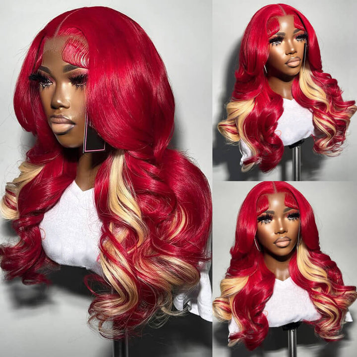 eullair Red Body Wave With Inner Blonde Human Hair 13x4 Lace Frontal Wig Transparent Lace For Black Women