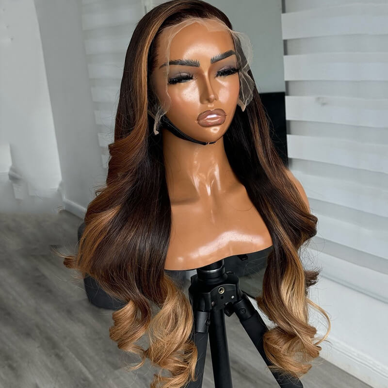 eullair Skunk Stripe Brown with Honey Blonde Highlights Lace Frontal Body Wave Human Hair Wig Curling Iron Styled Lace Wigs For Black Women