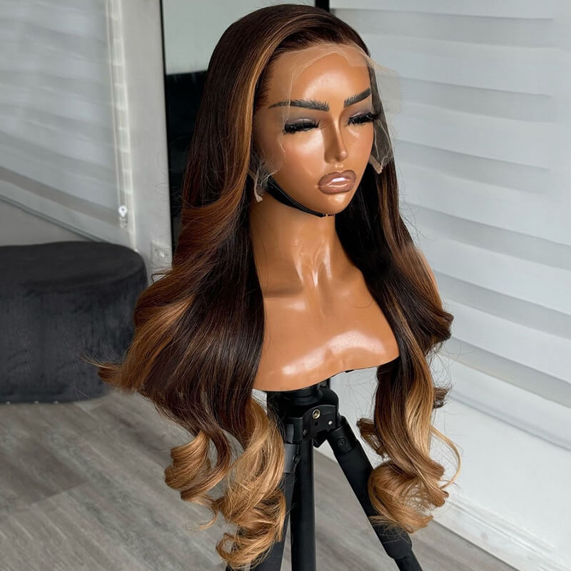 eullair Skunk Stripe Brown with Honey Blonde Highlights Lace Frontal Body Wave Human Hair Wig Curling Iron Styled Lace Wigs For Black Women