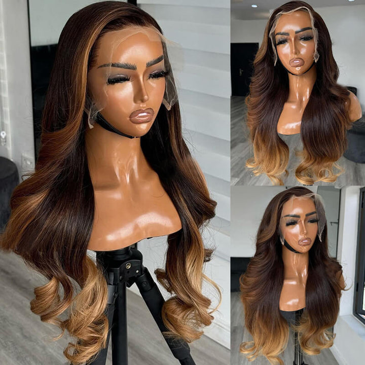 eullair Skunk Stripe Brown with Honey Blonde Highlights Lace Frontal Body Wave Human Hair Wig Curling Iron Styled Lace Wigs For Black Women