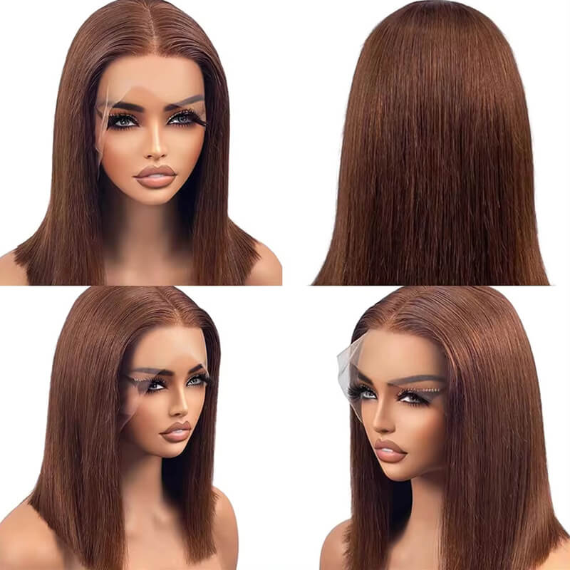 Flash Sale $109=2 Human Hair Wigs| Buy Brown Straight 13x4 Lace Frontal Bob Wig Get a Non Lace Curly Bangs Wig for Free