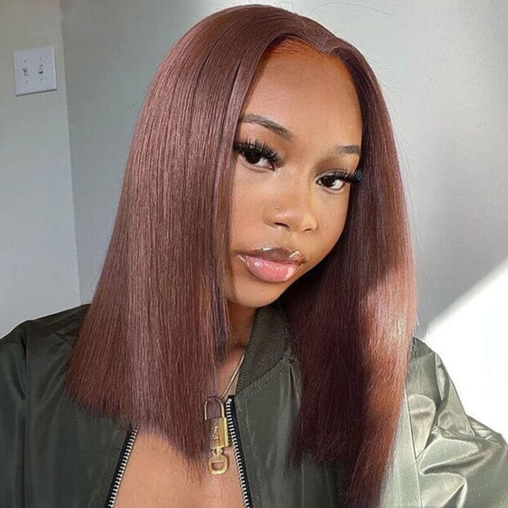 Flash Sale $109=2 Human Hair Wigs| Buy Brown Straight 13x4 Lace Frontal Bob Wig Get a Non Lace Curly Bangs Wig for Free