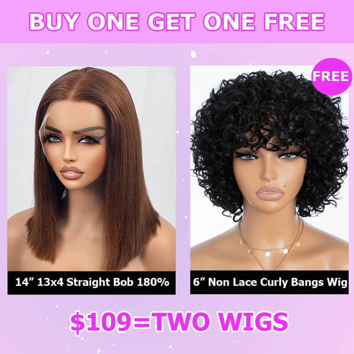 Flash Sale $109=2 Human Hair Wigs| Buy Brown Straight 13x4 Lace Frontal Bob Wig Get a Non Lace Curly Bangs Wig for Free