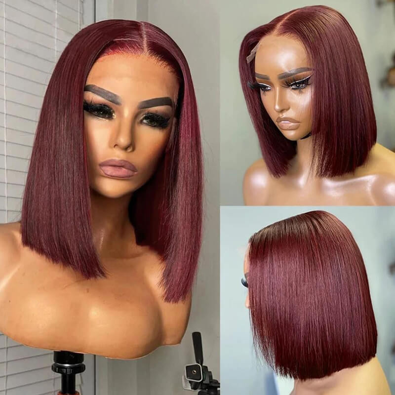 Flash Sale $99=2 Human Hair Wigs| Buy Dark 99J Straight 13x4 Lace Frontal BOB Wig Get a Non Lace Bangs BOB Wig For Free