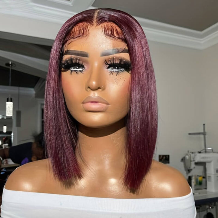 Flash Sale $99=2 Human Hair Wigs| Buy Dark 99J Straight 13x4 Lace Frontal BOB Wig Get a Non Lace Bangs BOB Wig For Free