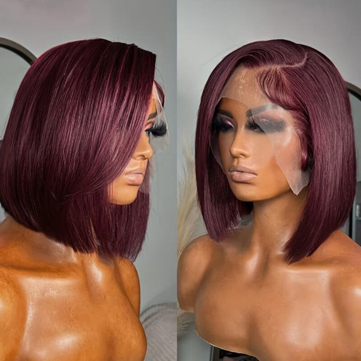 Flash Sale $99=2 Human Hair Wigs| Buy Dark 99J Straight 13x4 Lace Frontal BOB Wig Get a Non Lace Bangs BOB Wig For Free