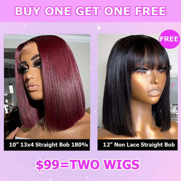 Flash Sale $99=2 Human Hair Wigs| Buy Dark 99J Straight 13x4 Lace Frontal BOB Wig Get a Non Lace Bangs BOB Wig For Free