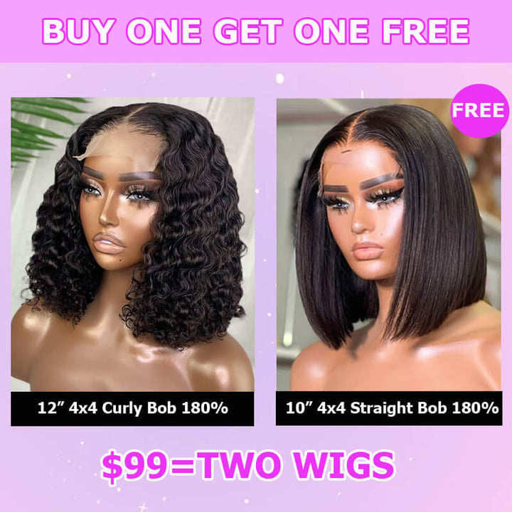 Flash Sale $99=2 Human Hair BOB Wigs| Buy 4x4 Lace Closure Curly Bob Wig Get a Straight 4x4 Bob Wig for Free