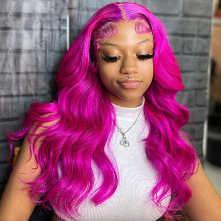 eullair New Fuchsia Pink Straight Human Hair Wig Rose Red Body Wave Lace Frontal Wig For Women