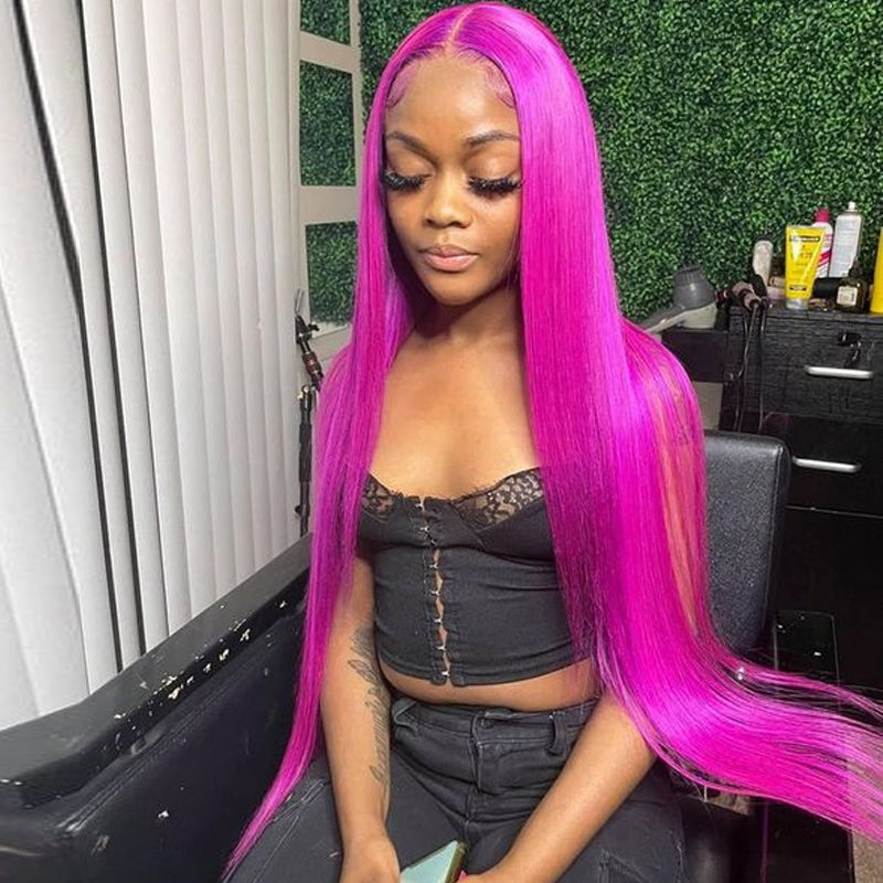 eullair New Fuchsia Pink Straight Human Hair Wig Rose Red Body Wave Lace Frontal Wig For Women