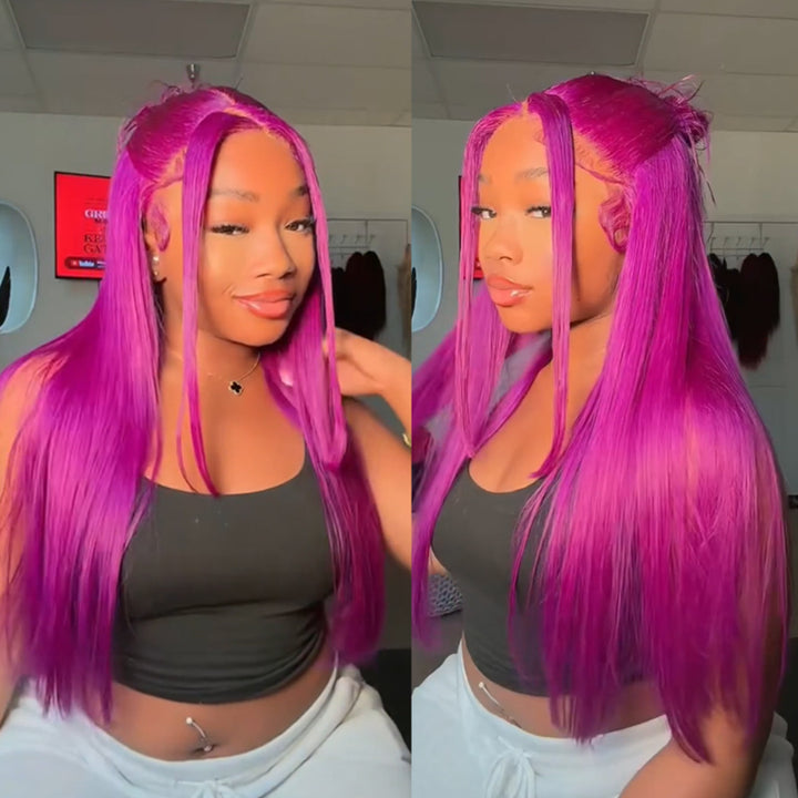 eullair New Fuchsia Pink Straight Human Hair Wig Rose Red Body Wave Lace Frontal Wig For Women