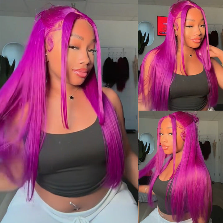 eullair New Fuchsia Pink Straight Human Hair Wig Rose Red Body Wave Lace Frontal Wig For Women