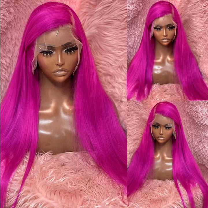 eullair New Fuchsia Pink Straight Human Hair Wig Rose Red Body Wave Lace Frontal Wig For Women