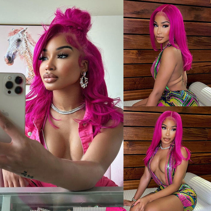 eullair New Fuchsia Pink Straight Human Hair Wig Rose Red Body Wave Lace Frontal Wig For Women