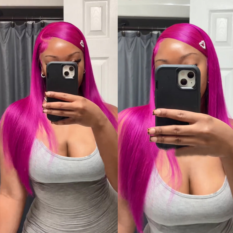 eullair New Fuchsia Pink Straight Human Hair Wig Rose Red Body Wave Lace Frontal Wig For Women