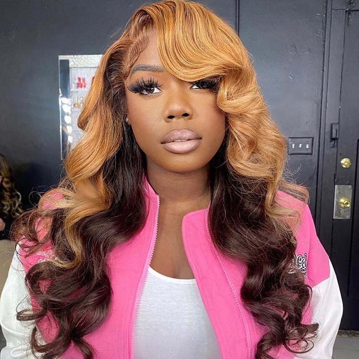 eullair Honey Blonde With Inner Brown Body Wave Wig Ombre Colored 13x4 13x6 Lace Frontal Wig For Women