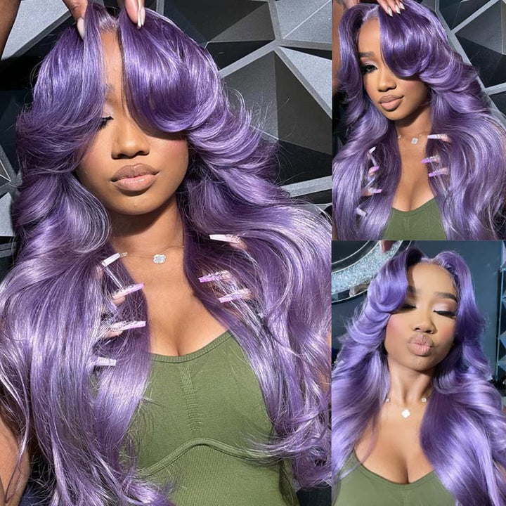 eullair Lavender Purple Body Wave Wavy with Layered Curtain Bangs Human Hair Wig Pre Plucked Transparent 13x4 Lace Frontal Wig