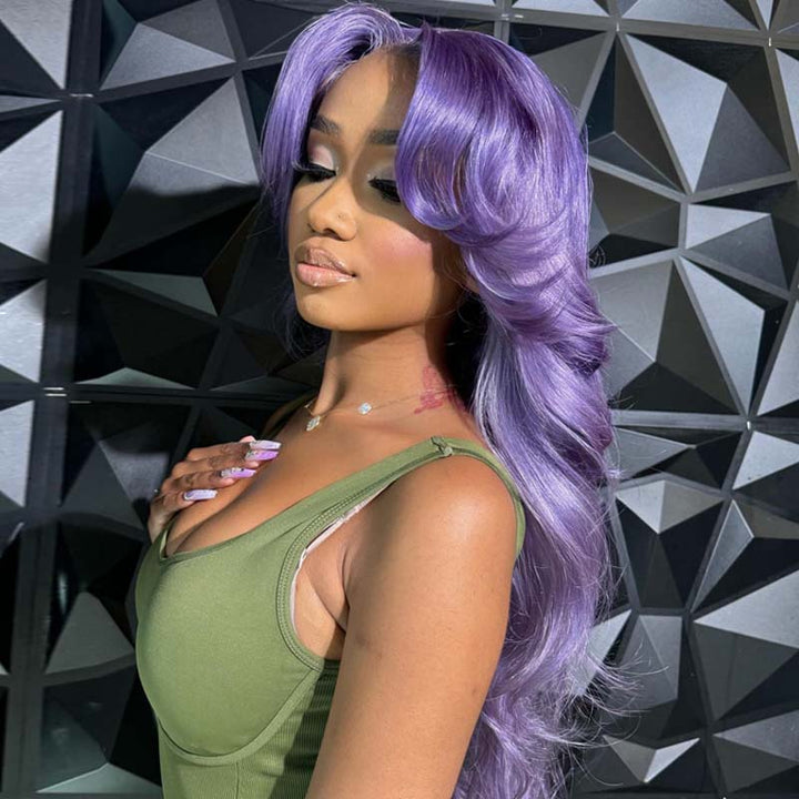 eullair Lavender Purple Body Wave Wavy with Layered Curtain Bangs Human Hair Wig Pre Plucked Transparent 13x4 Lace Frontal Wig