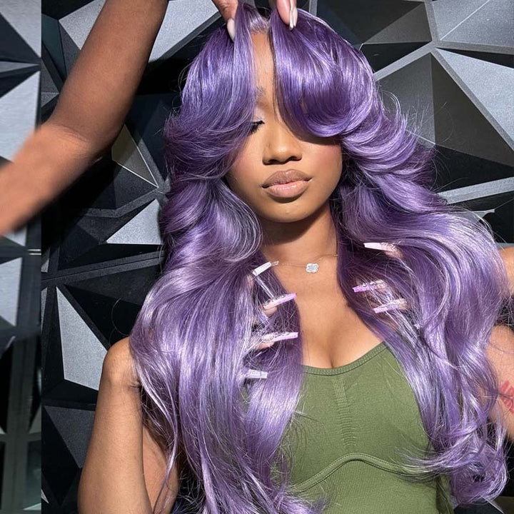 eullair Lavender Purple Body Wave Wavy with Layered Curtain Bangs Human Hair Wig Pre Plucked Transparent 13x4 Lace Frontal Wig