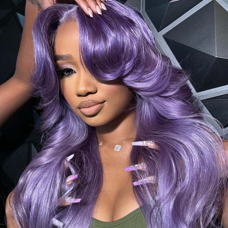 eullair Lavender Purple Body Wave Wavy with Layered Curtain Bangs Human Hair Wig Pre Plucked Transparent 13x4 Lace Frontal Wig