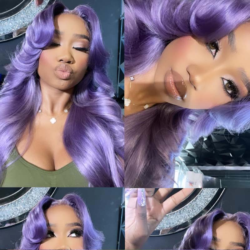 eullair Lavender Purple Body Wave Wavy with Layered Curtain Bangs Human Hair Wig Pre Plucked Transparent 13x4 Lace Frontal Wig