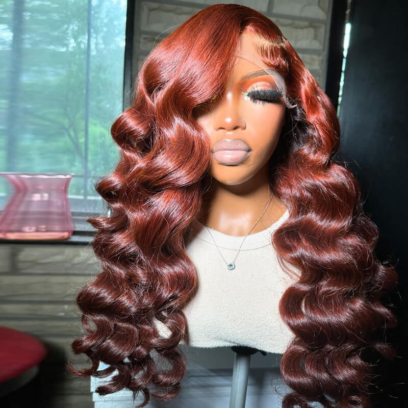 eullair Ombre Light Cooper Red Brown Pre Colored Wig Loose Wave Human Hair Glueless Lace Frontal Wig