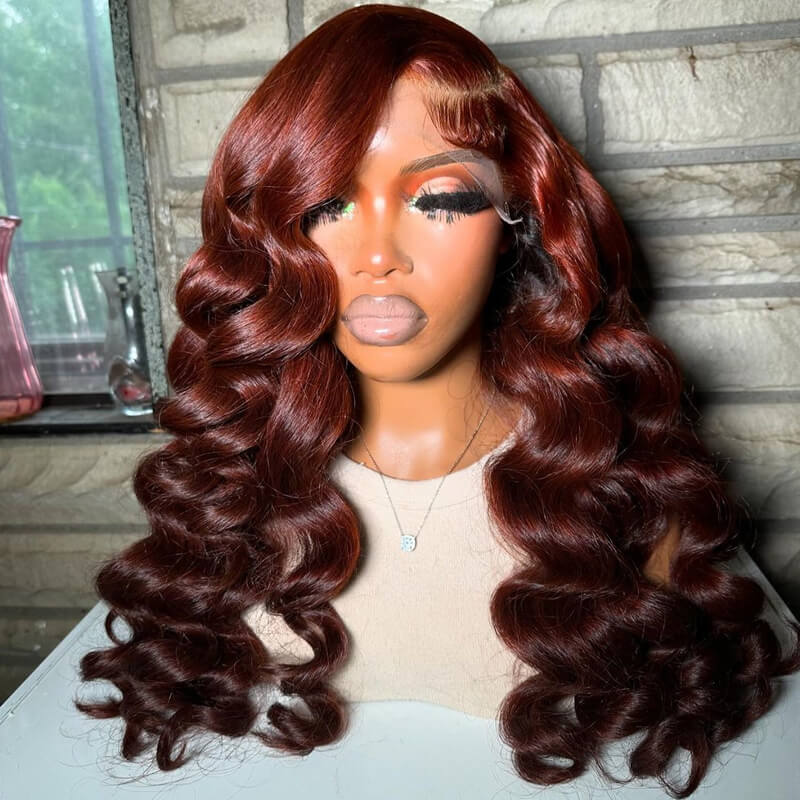 eullair Ombre Light Cooper Red Brown Pre Colored Wig Loose Wave Human Hair Glueless Lace Frontal Wig