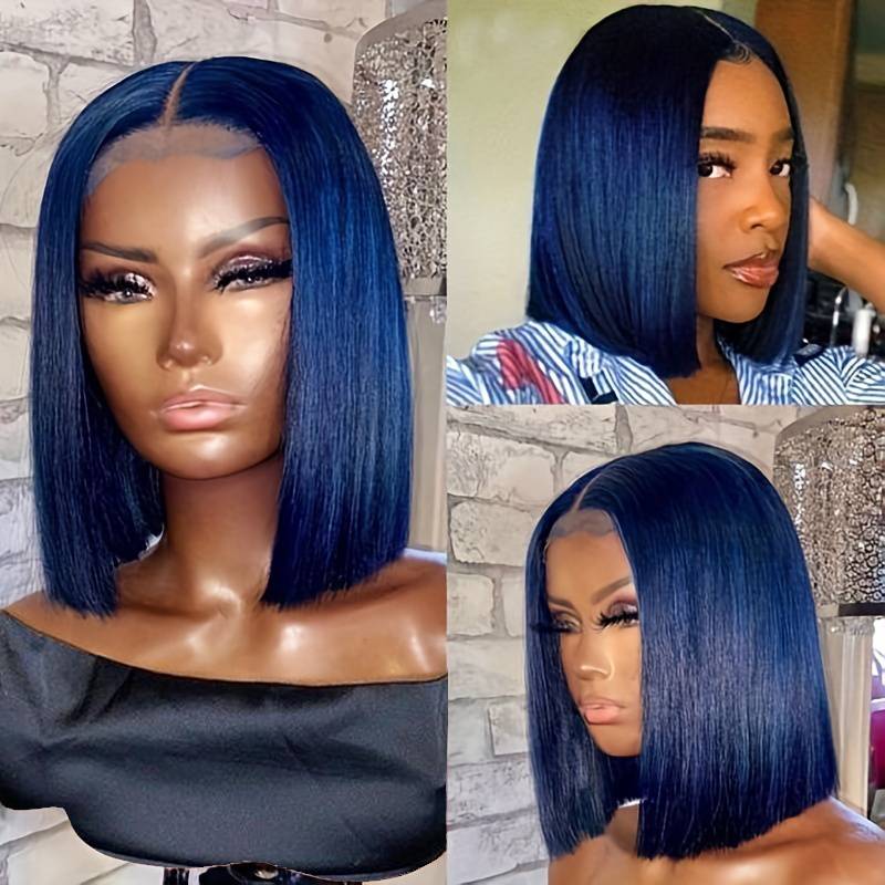 Eullair Short Navy Blue Straight Lace Frontal Wig Pre Colored Hunan Ha 0526