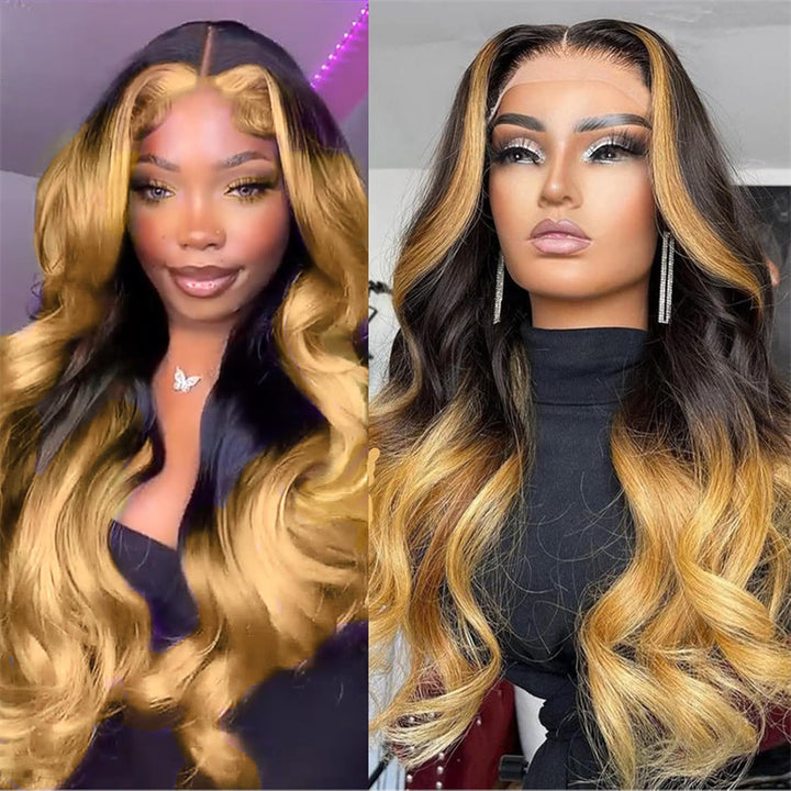 eullair Colored Ombre Skunk Stripe 1b Honey Brown Body Wave Human Hair Lace Frontal Wig For Women