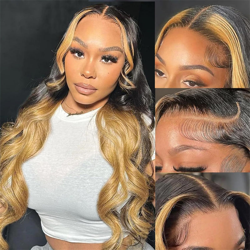 eullair Colored Ombre Skunk Stripe 1b Honey Brown Body Wave Human Hair Lace Frontal Wig For Women