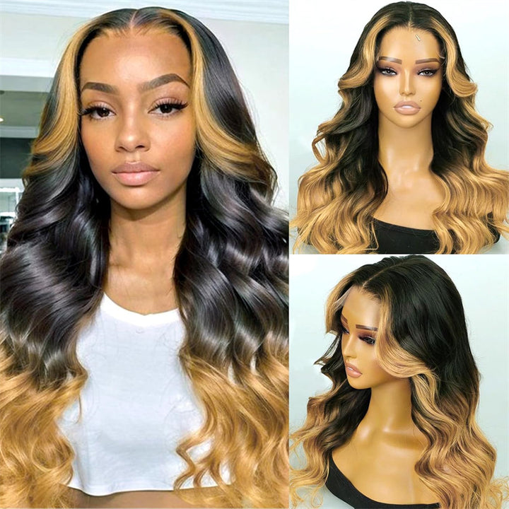 eullair Colored Ombre Skunk Stripe 1b Honey Brown Body Wave Human Hair Lace Frontal Wig For Women