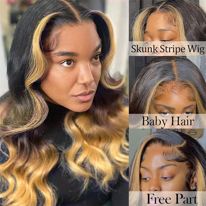 eullair Colored Ombre Skunk Stripe 1b Honey Brown Body Wave Human Hair Lace Frontal Wig For Women