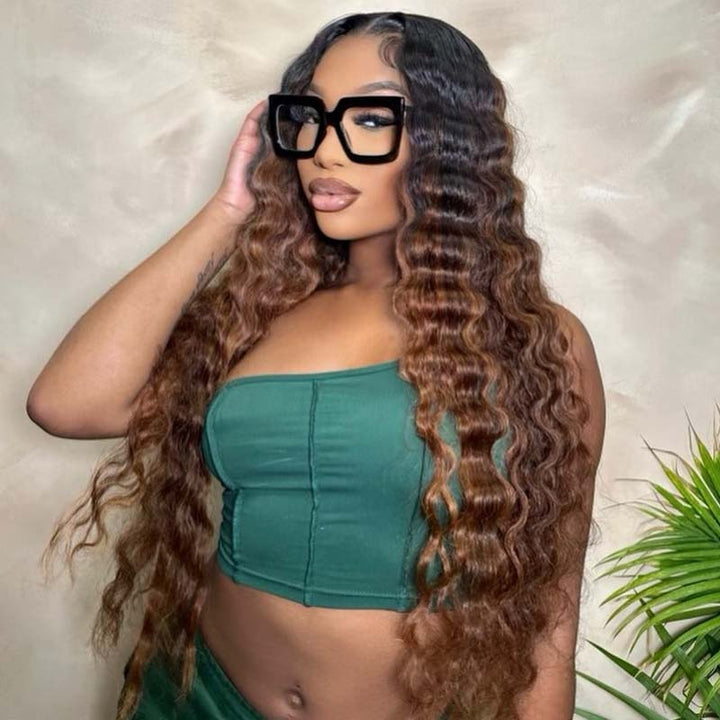 eullair Ombre 3 Tones T1b/4/30 Highlight Deep Wave Human Hair Wig Transparent HD Lace Frontal Wig For Women