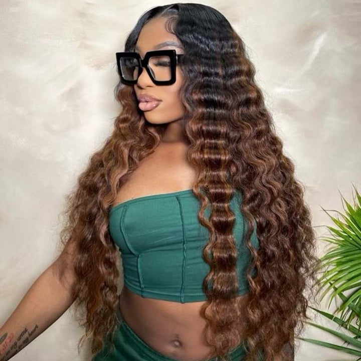 eullair Ombre 3 Tones T1b/4/30 Highlight Deep Wave Human Hair Wig Transparent HD Lace Frontal Wig For Women