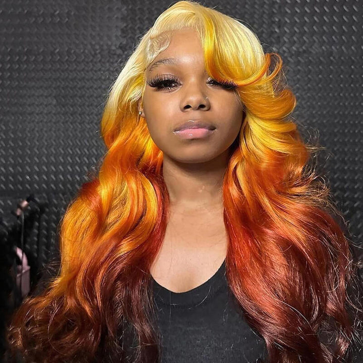 eullair Ombre Blonde Orange Ginger Brown Body Wave 13x4 Lace Frontal Human Hair Wig For Black Women