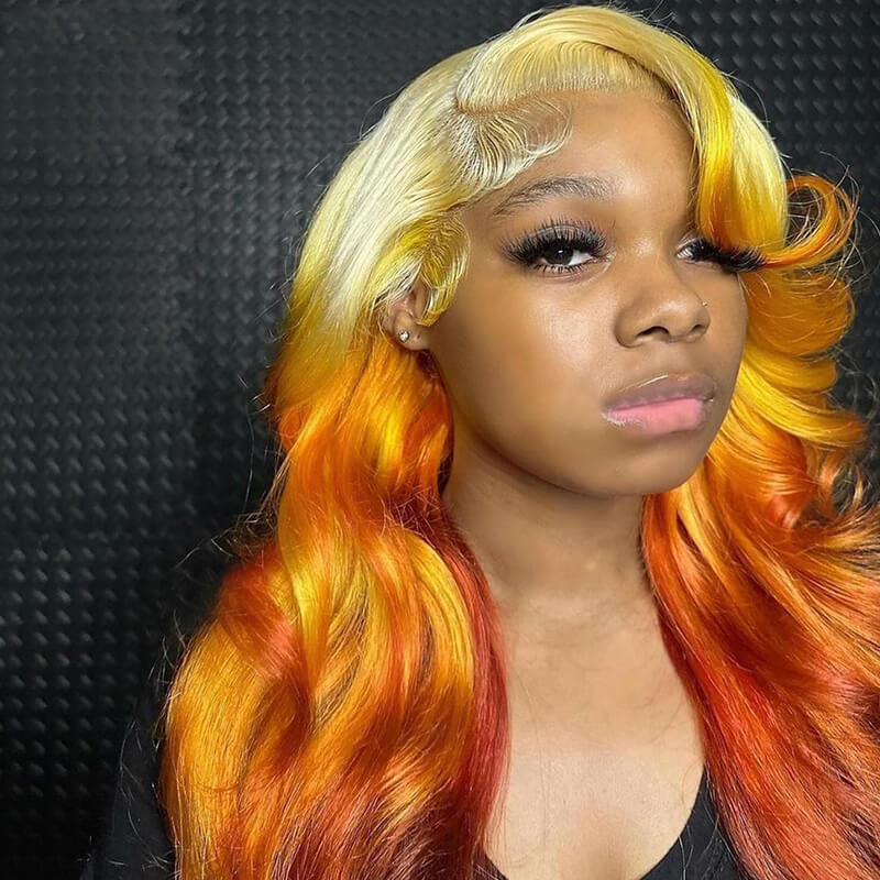 eullair Ombre Blonde Orange Ginger Brown Body Wave 13x4 Lace Frontal Human Hair Wig For Black Women