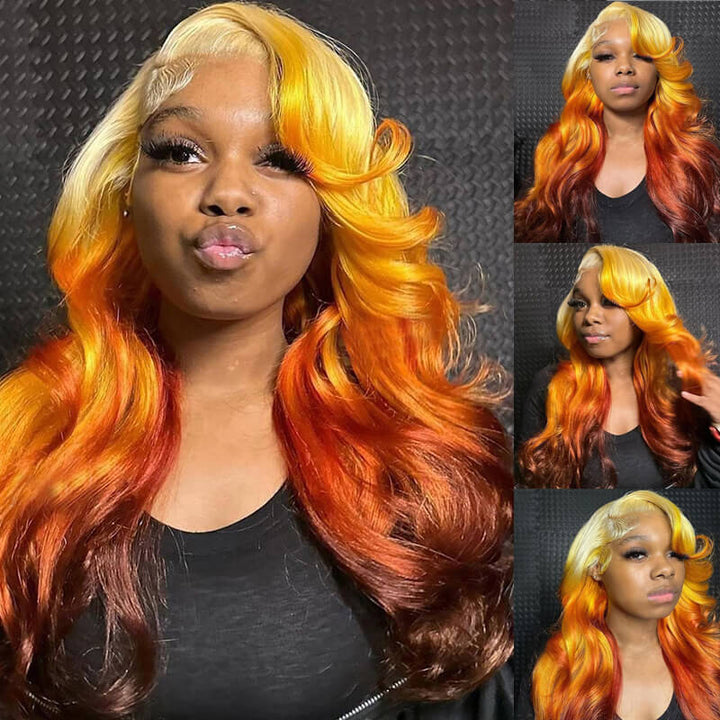 eullair Ombre Blonde Orange Ginger Brown Body Wave 13x4 Lace Frontal Human Hair Wig For Black Women