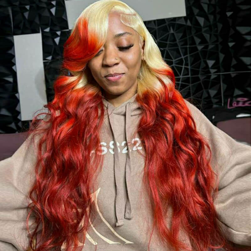 eullair Ombre Blonde Orange Red Body Wave 13x4 Lace Frontal Human Hair Wig For Black Women