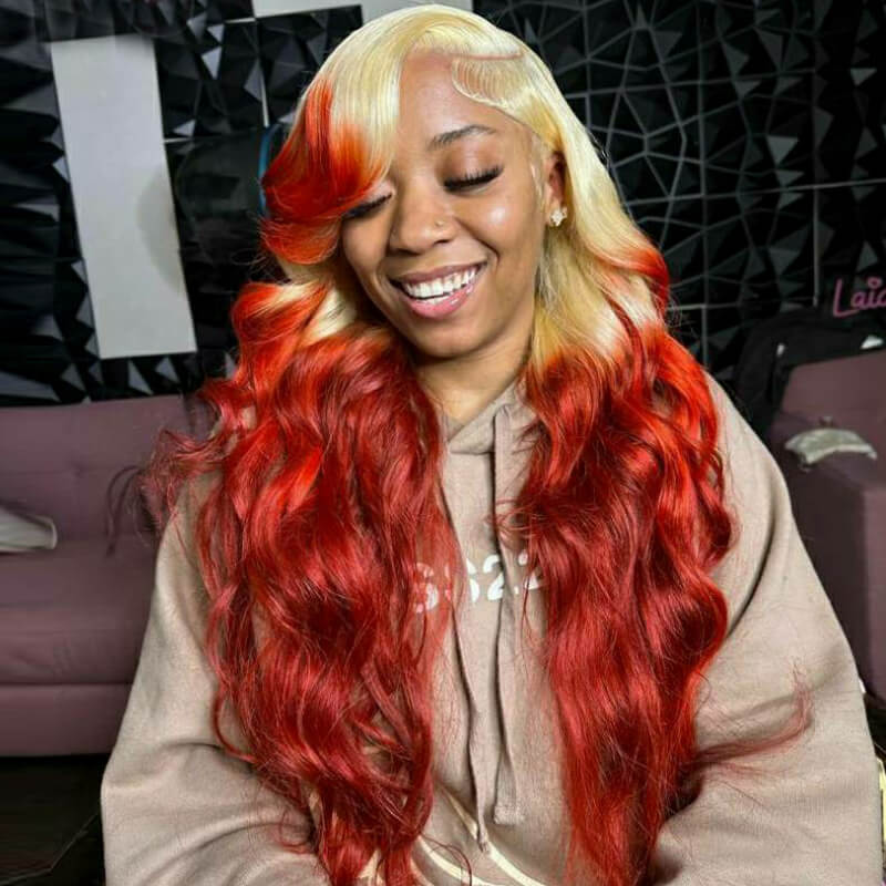 eullair Ombre Blonde Orange Red Body Wave 13x4 Lace Frontal Human Hair Wig For Black Women