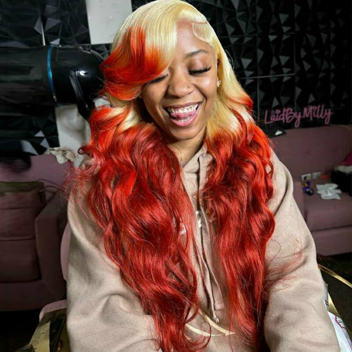 eullair Ombre Blonde Orange Red Body Wave 13x4 Lace Frontal Human Hair Wig For Black Women