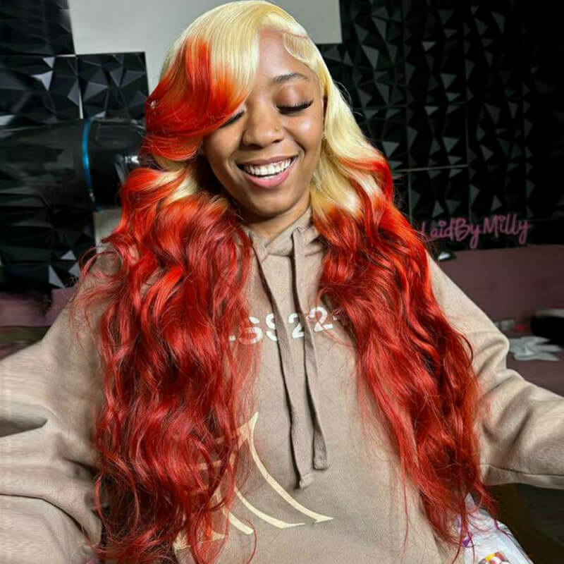 eullair Ombre Blonde Orange Red Body Wave 13x4 Lace Frontal Human Hair Wig For Black Women