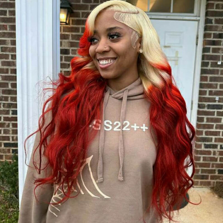 eullair Ombre Blonde Orange Red Body Wave 13x4 Lace Frontal Human Hair Wig For Black Women