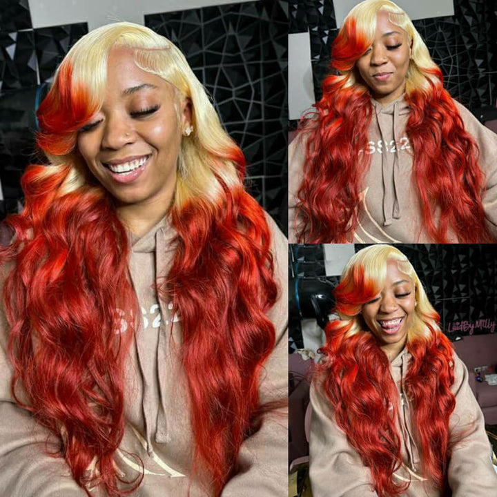 eullair Ombre Blonde Orange Red Body Wave 13x4 Lace Frontal Human Hair Wig For Black Women