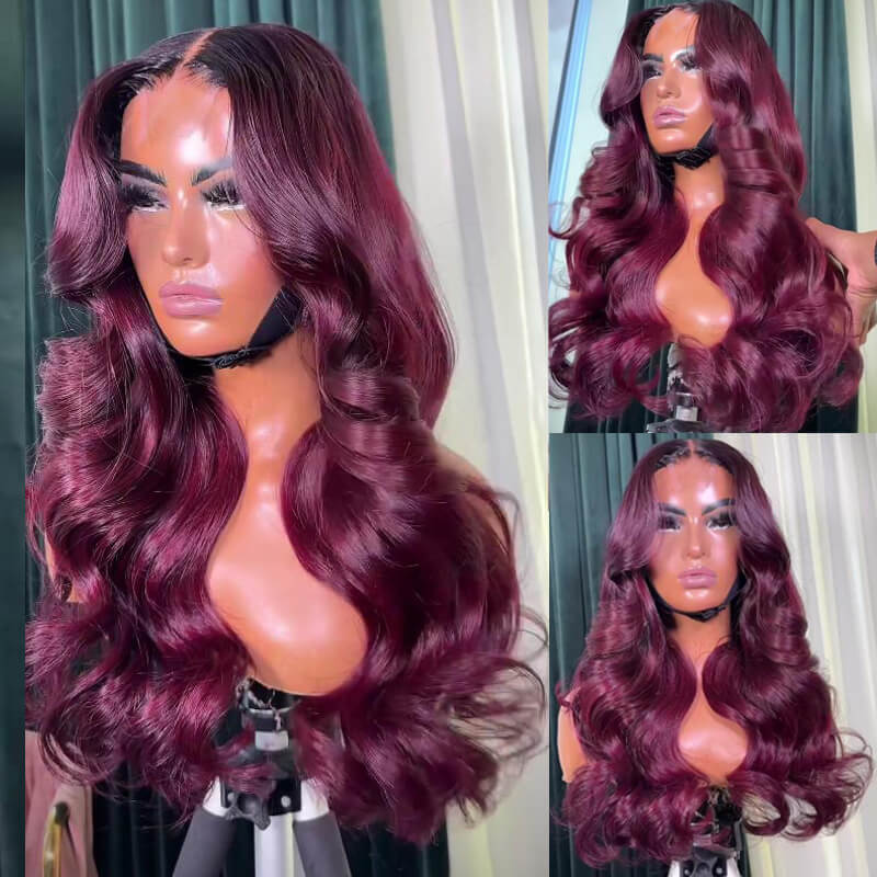 eullair Ombre 1b Roots Dark Burgundy Body Wave Curtain Bangs Wig Glueless Human Hair Lace Frontal Wig