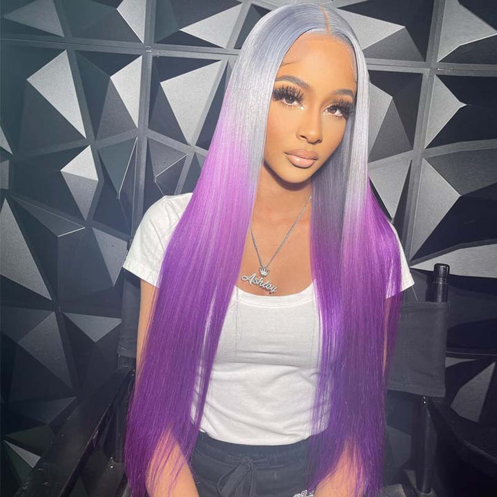 eullair Ombre Grey Purple Straight Human Hair Wig Pre Plucked Transparent 13x4 Lace Frontal Wig