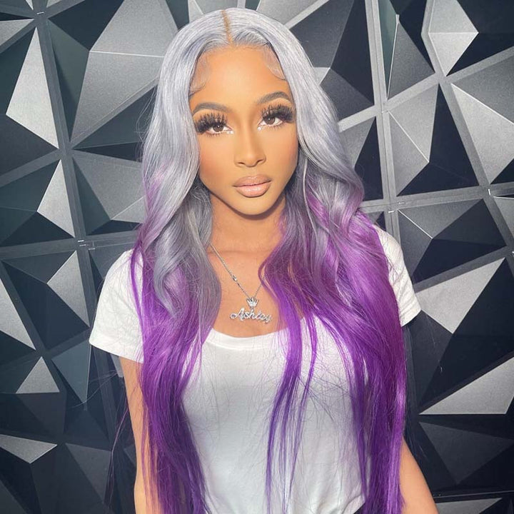 eullair Ombre Grey Purple Straight Human Hair Wig Pre Plucked Transparent 13x4 Lace Frontal Wig