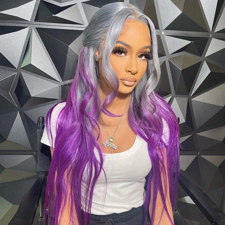 eullair Ombre Grey Purple Straight Human Hair Wig Pre Plucked Transparent 13x4 Lace Frontal Wig