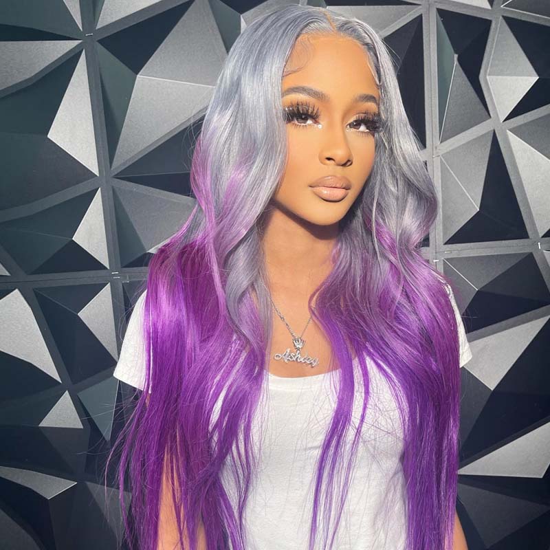 eullair Ombre Grey Purple Straight Human Hair Wig Pre Plucked Transparent 13x4 Lace Frontal Wig