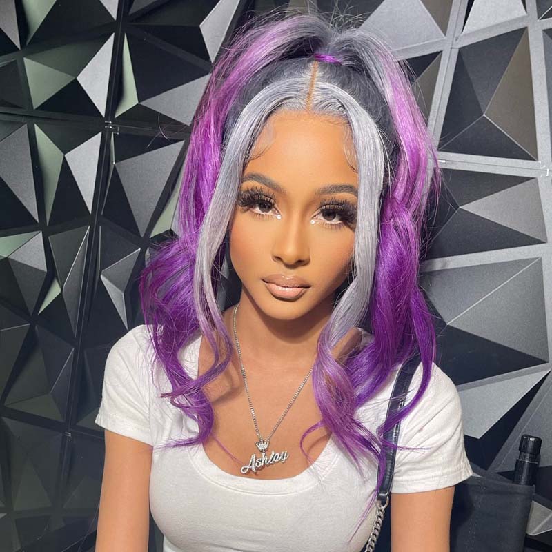 eullair Ombre Grey Purple Straight Human Hair Wig Pre Plucked Transparent 13x4 Lace Frontal Wig